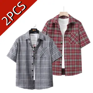 Men’s summer retro plaid short-sleeve shirt set, casual loose fit, turn-down collar with a single chest pocket, breathable and skin-friendly, versatile for everyday wear, commuting, and dates; two-piece set