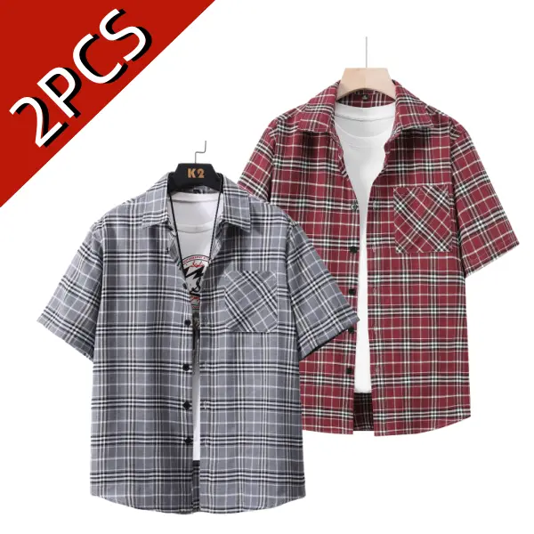 Men’s summer retro plaid short-sleeve shirt set, casual loose fit, turn-down collar with a single chest pocket, breathable and skin-friendly, versatile for everyday wear, commuting, and dates; two-piece set Shortsleeve Top