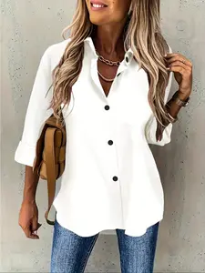Women's Casual Long Sleeve Shirt Blouse with Solid Button Front, Split Hem Design, Perfect for Daily Wear & Office Style