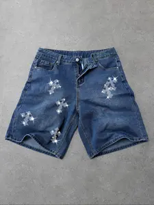 Men's Cross Patchwork Pocket Fitted Casual Denim Shorts, Summer Fashion, Comfortable Fit, Perfect for Daily Wear, Street Style