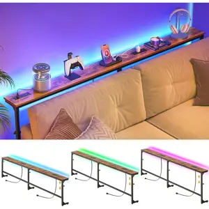79inch Narrow, height-adjustable table behind the sofa, with power outlets, narrow console table, with LED lights, vintage brown