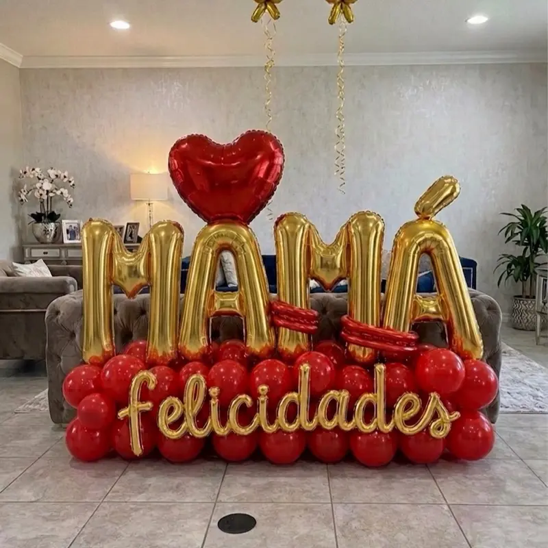 Mom Balloon Bouquet - Gold and Red Balloons with "MAMA" and "FELICIDADES" Text for Mother's Day Celebration