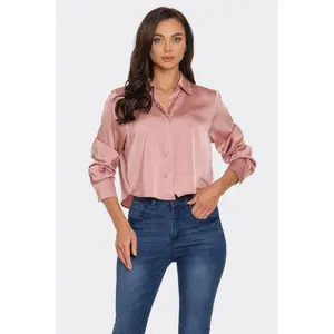 Safi Crop Top Shirt - Pink Satin Button-Up Long Sleeve Crew Neck 100% Polyester Women's Fashion Top Blouse Chic Elegance Outfit