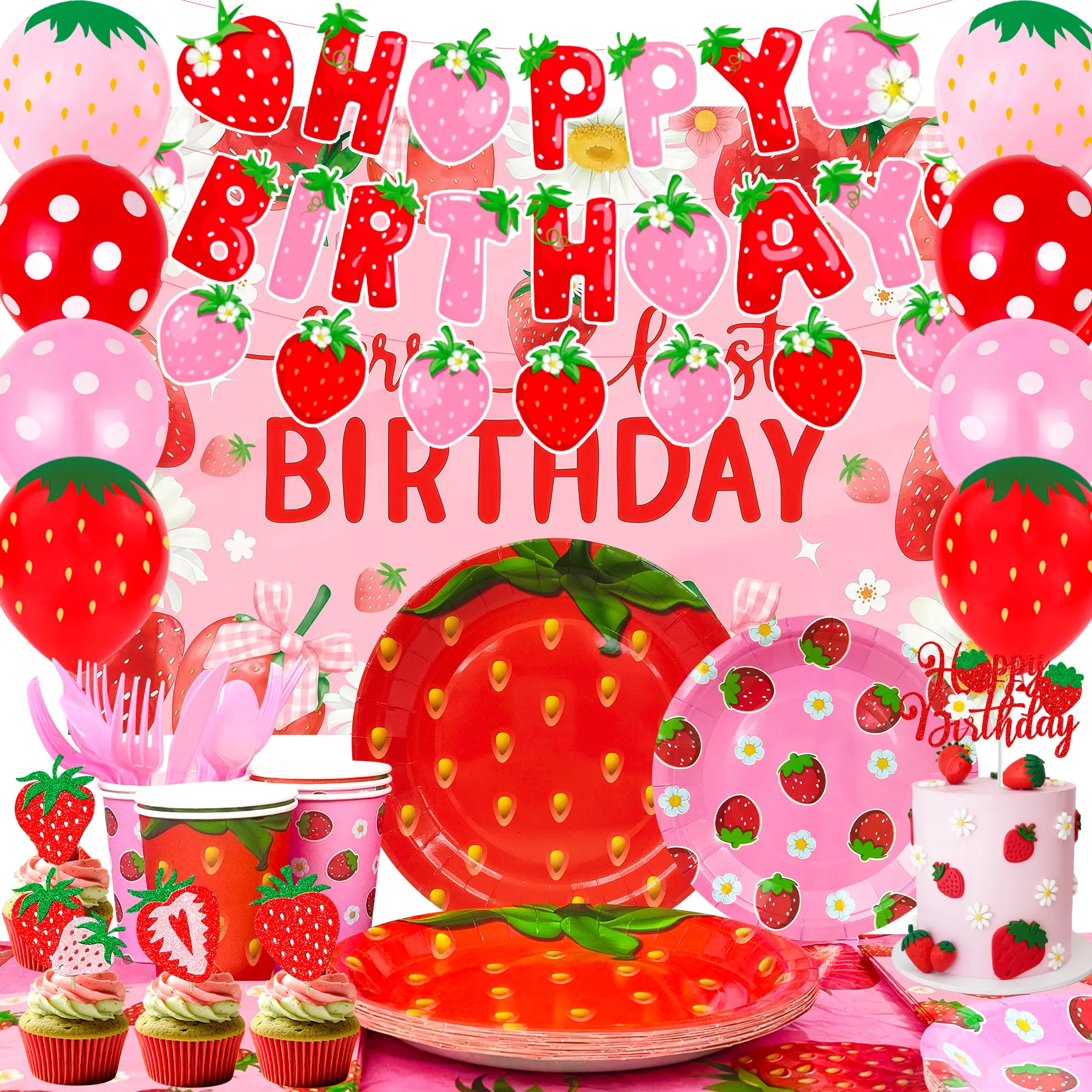 Strawberry Birthday Decorations, 123pcs Strawberry Party Supplies Set Includes Strawberry Paper Plates Tablecloth Strawberry Birthday Cupcake Toppers etc Strawberry Party Decorations
