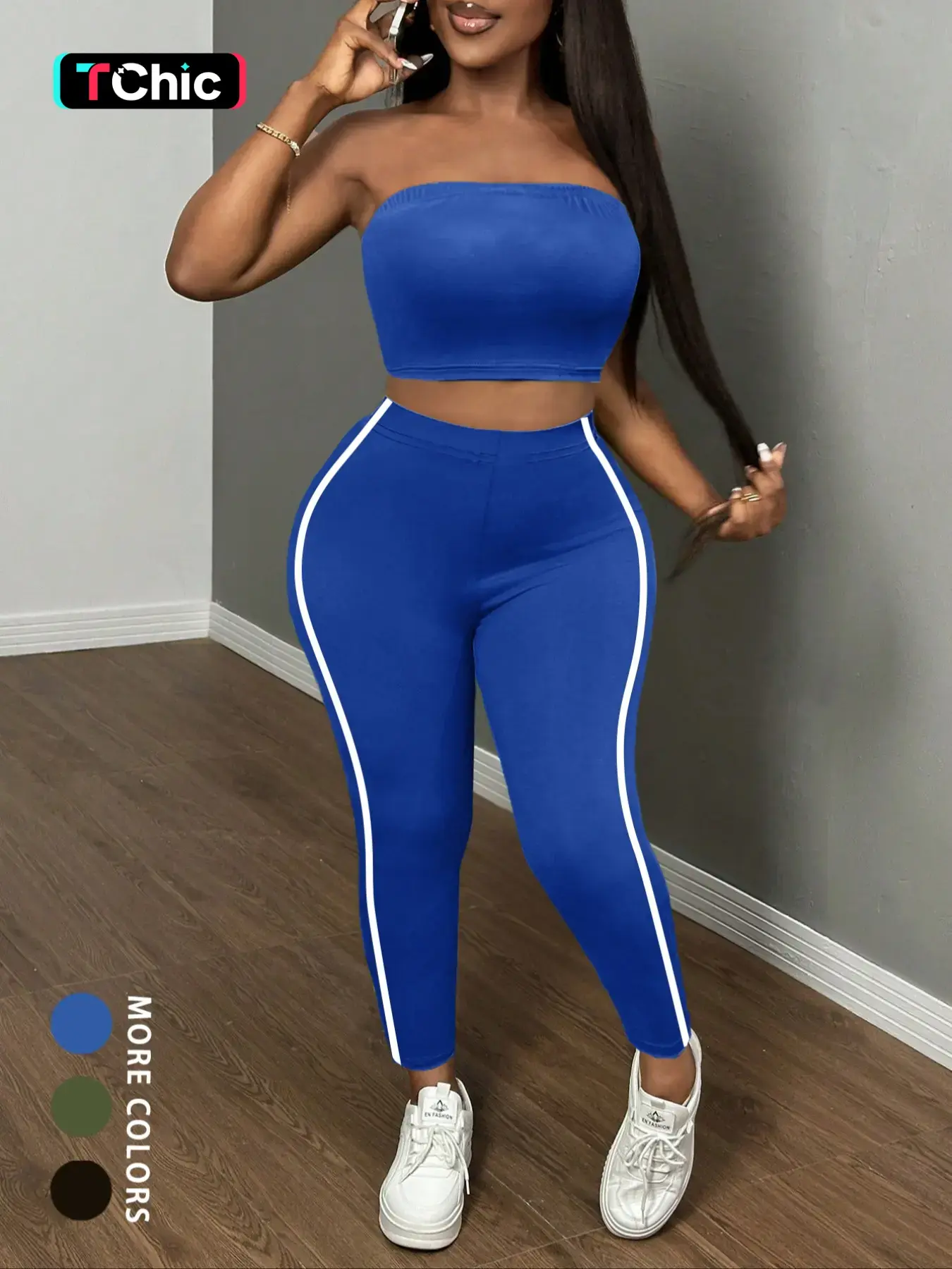 New Women's Two-Piece Set Outfit, Solid Color Stripe Crop Top & Long Pants, Casual Chic Fitted, All Seasons Wear, Womenswear, No Ca Prop 65