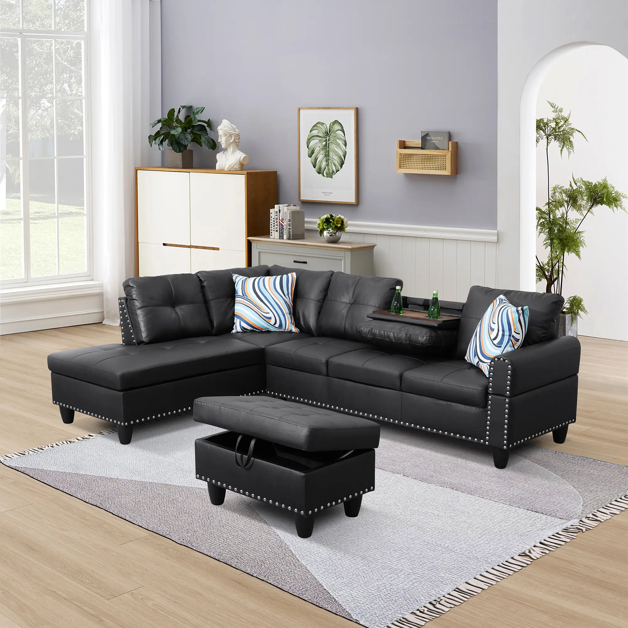 Modern Black PU Leather 3-Piece Sectional Sofa Set - Sturdy Wood-Frame Upholstered Couch with Fixed Arms, Thick Seats, Cotton Cushions, Synthetic Leather, Assembly Required, Indoor Living Room Furniture, Living Area