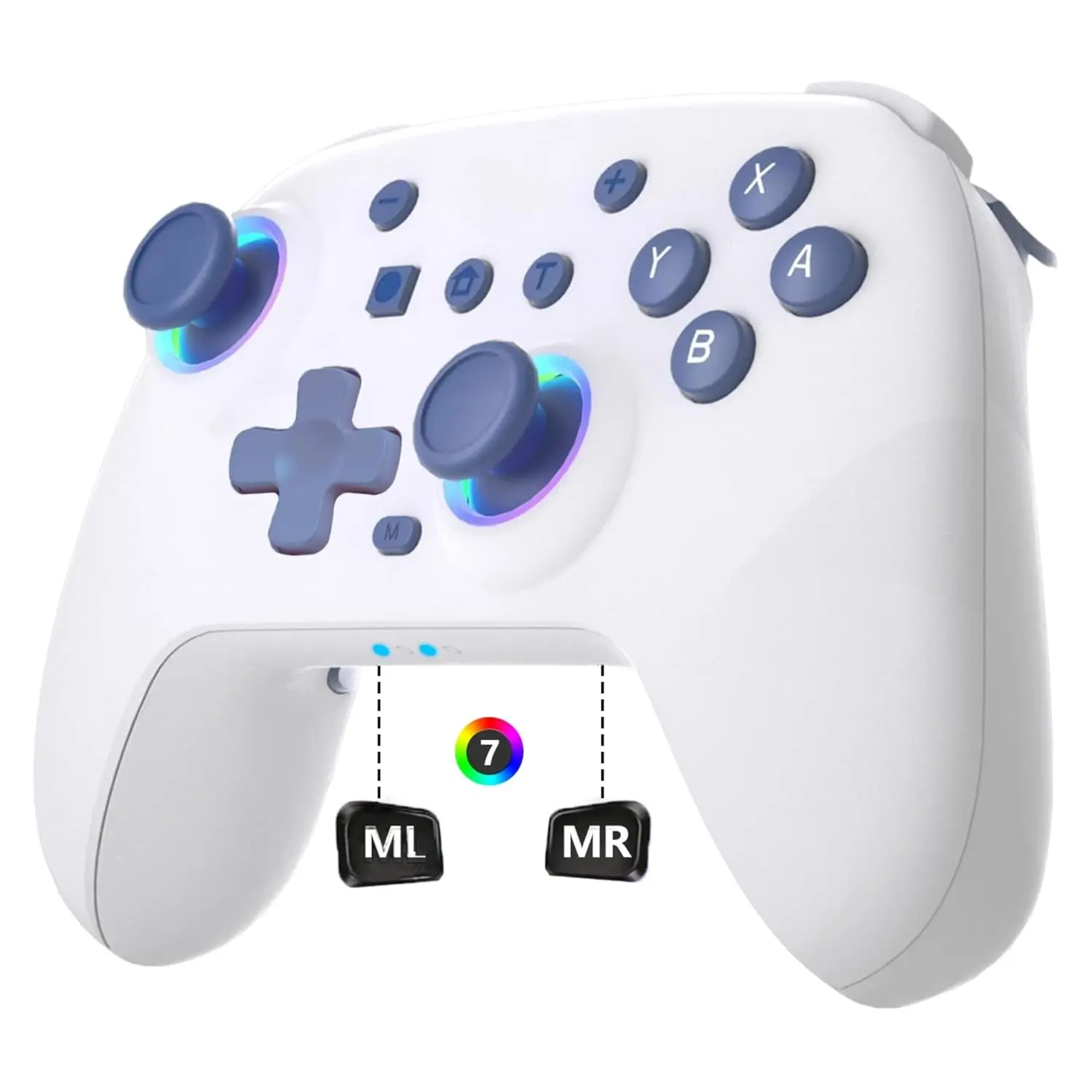 Z-KCS30 Switch Controller for Switch 2,Switch Pro Controller for Switch/OLED/Lite/PC with 7 Colors LED Light/3-level TURBO Adjustable,4-Speed Dual Vibration ,Support Wake Up and Gyro Axis Motion (White)