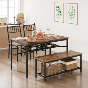 Space-Saving 4 Piece Dining Table Set – Rectangular Kitchen Table with Chairs, Storage Bench, Wine Rack & Shelf – Sturdy Metal Frame Furniture for Apartment, Small Spaces
