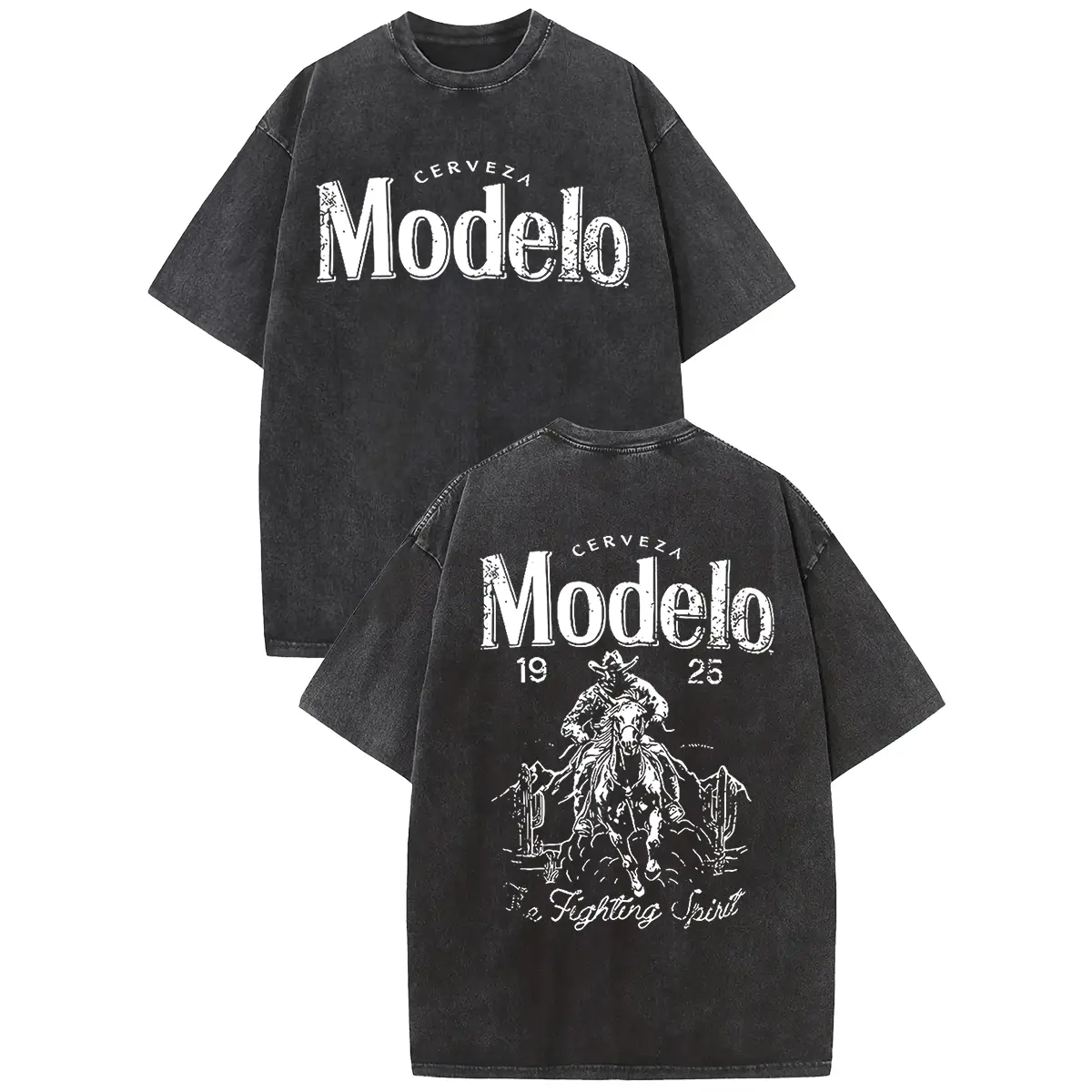Holafish Fullsize Acid Wash Vintage Modelo Pattern T-Shirt Heavyweight Cotton Streetwear Graphic Outdoor Crewneck Short Sleeve Tee for Men and Women Y2K Unisex Fit Ruched Solid Short Sleeve Crop Top Menswear Thought Tshirt women's Casual BlaBack To School