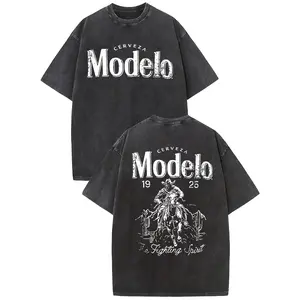 Holafish Fullsize Acid Wash Vintage Modelo Pattern T-Shirt Heavyweight Cotton Streetwear Graphic Outdoor Crewneck Short Sleeve Tee for Men and Women Y2K Unisex Fit Ruched Solid Short Sleeve Crop Top Menswear Thought Tshirt women's Casual Black