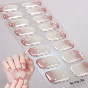 16 tips Gel Semi-Cured Nail Stickers, Christmas Gradient Pinkish&white Nail Strips, Long-Lasting Nail Full Wraps, Require UV Curing, Glitter Snowflake Design, High-Quality, Suitable for Women And Girls, gift giving, Easy to Use And Remove, Nail Charms