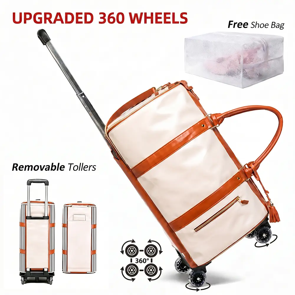 2/3pcs PU Leather Travel Luggage - Multifunctional Wheeled Duffle Bag, Convertible Garment Bag with Removable Wheels, 60*35*15cm Rolling Carry On Luggage, Meets Boarding Standards
