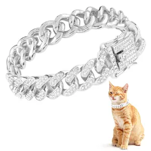 Cat Chain Collar  Cuban Link Kitten Walking With Secure Buckle 12mm Wide Pet Rhinestones Necklace Metal Accessories For Cats Dogs Kittens Puppies 8inch(silver)