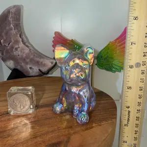 Holographic Iridescent Bulldog Figurine with Rainbow Wings and Crystal Coin Display for Home Decor