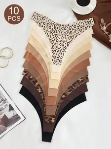 10-Piece Women's Seamless Low Waist Invisible Comfort Fit Smooth Fashion Thongs, Solid Color and Print Styles for Everyday Wear, Soft Comfy Panties