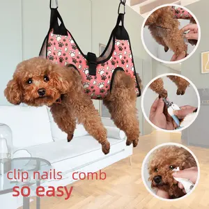 [Pet Grooming] Durable Polyester Print Pet Grooming Hammock | for Small to Medium Dogs & Cats - Non-Electric Nail Trimming Sling with Easy Clip-on Design, Red & White