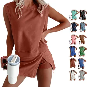 Ommig Womens Travel Outfits Summer Lounge Set Two Pieces Mineral Wash Cotton Tank Top Lined Split Athletic Skirt Set