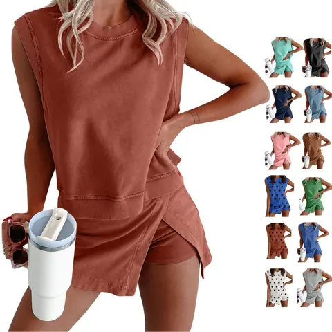 Ommig Women's 2-Piece Lightweight Casual Sleeveless Fitted Summer Lounge Set - Mineral Wash Cotton Tank Top, Lined Split Skirt for Travel, Everyday Wear, Styles to Try, Lightweight Women's Clothing Sets