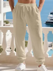 Men's Linen Long Pants Trouser, Spring & Fall Casual Sporty Style, Elastic Waist Drawstring Harem Pants, Ideal for Yoga Beach Vacation