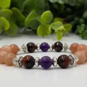 Migraine Protection 8mm Amethyst Red Tigers Eye Sunstone Bracelet for Migraine Relief