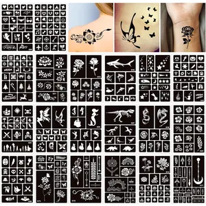 20 Sheets Temporary Tattoos Stencils for Kids, Glitter Henna Face Body Paint Stencil Kit, Girls Flowers Mermaid Boys Dragon Airbrush Art Halloween