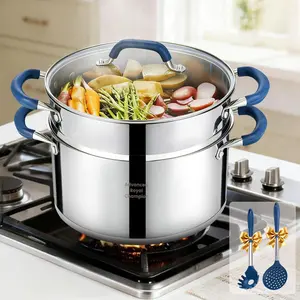 6QT Stainless Steel Stock Pot w/Steamer Basket, Multi-steamer Pot With Tempered Glass Lid for Cooking, Multipurpose Cookware with Silicone Handle for Veggies, Soup, Seafood, Induction-Ready