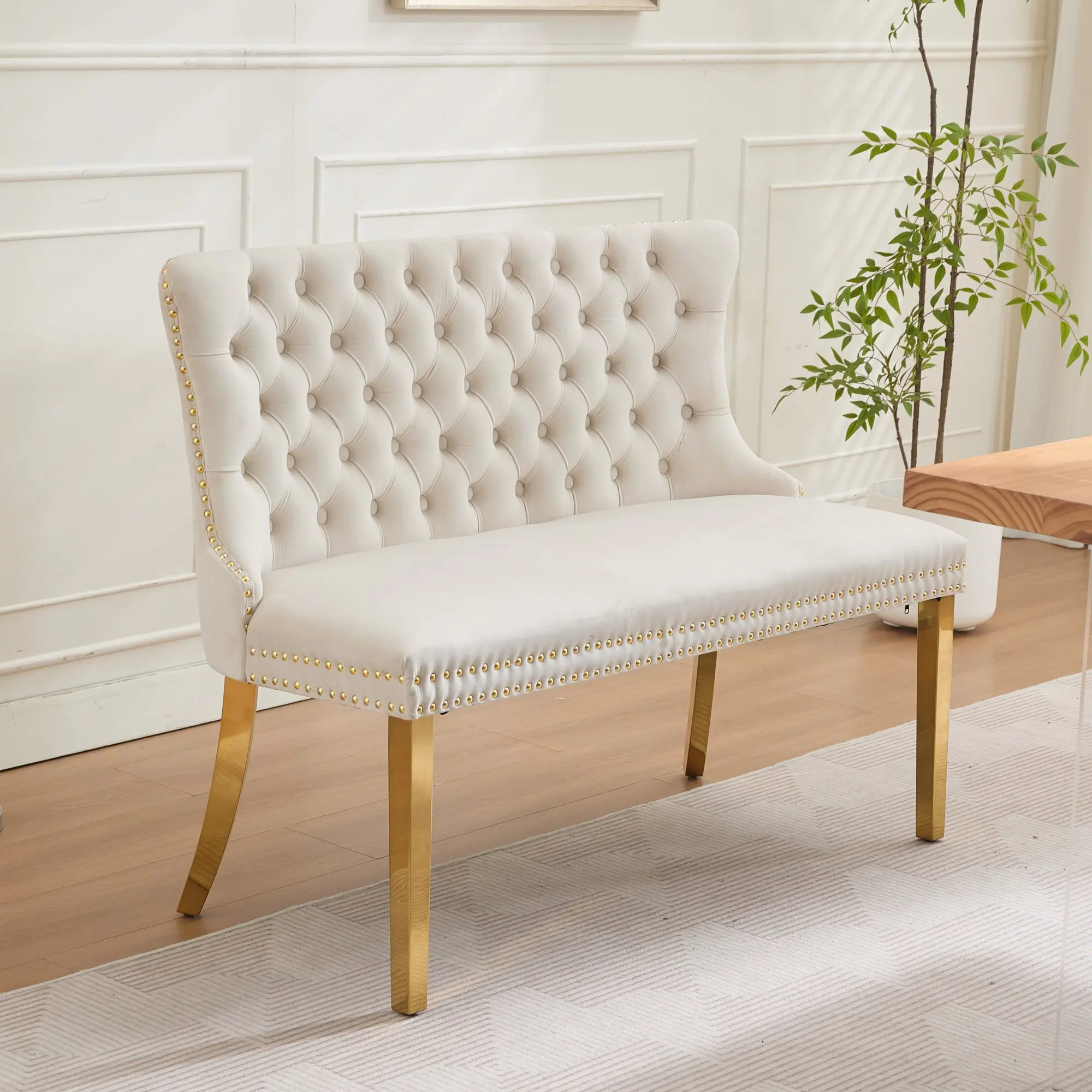 Velvet Tufted 2-Seat Double Dining Loveseat Bench for Family, Kitchen & Dining Seating, Wing Back with Handmade Buttons, Gold-Plated Steel Legs, Mid-Century Modern Indoor Furniture Single Pack