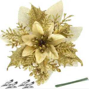 12 Pcs Christmas Cockscomb Artificial Flowers, 5.5 Inch Glittery Decorations with Clips, Perfect for Xmas Tree Wreaths, New Year Weddings Home Decor Party Decoration Supplies