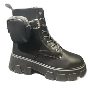 Women's Mid-Calf Chunky Faux Leather Combat Boots 2038, Fashion Shoe with Side Zipper, Lace-Up Closure, Detachable Mini Pocket for Essentials, Black or PU Beige Platform Walking Shoes, Combat Look, Fabric Sole