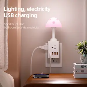 Space-Saving Magic Mushroom Wall Lamp with Outlets - 3 USB + 1 Type-C + 3 AC Ports, 3 Dimmable Colors, Ideal for Bedroom Dorm Desk Hallway, US Standard Approved