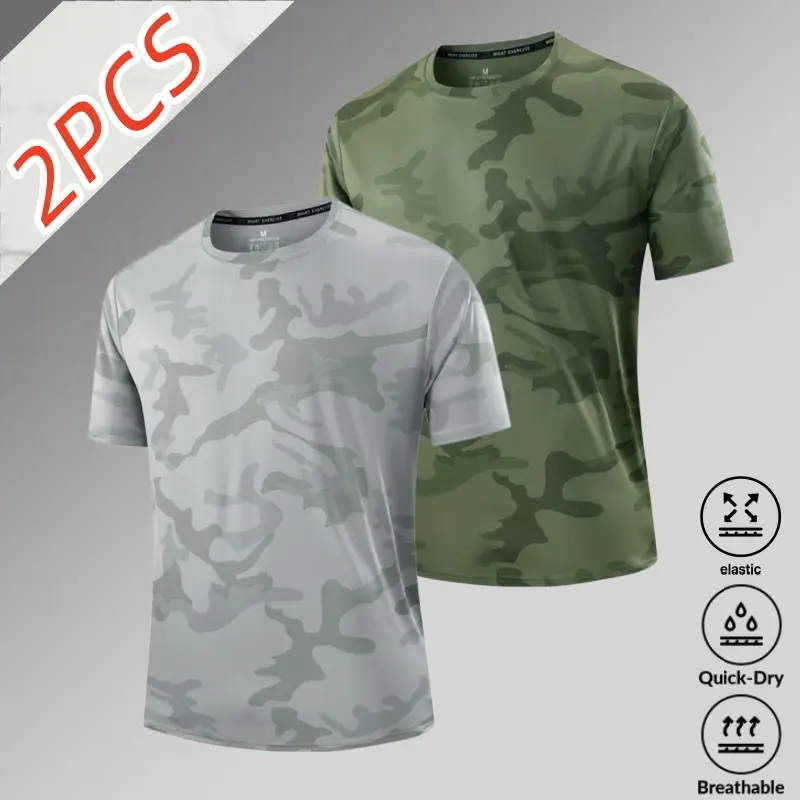 Men's 2pcs Ice Silk Cooling Camouflage Print Quick Dry Athletic T-Shirts - Highly Elastic, Breathable Crew Neck Short-Sleeve Close Fit Tops for Running, Outdoor Activities | Sohochic
