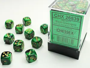 Gemini (Black-Green/Gold) Chessex Brand 12mm D6 Dice Set 36ct.