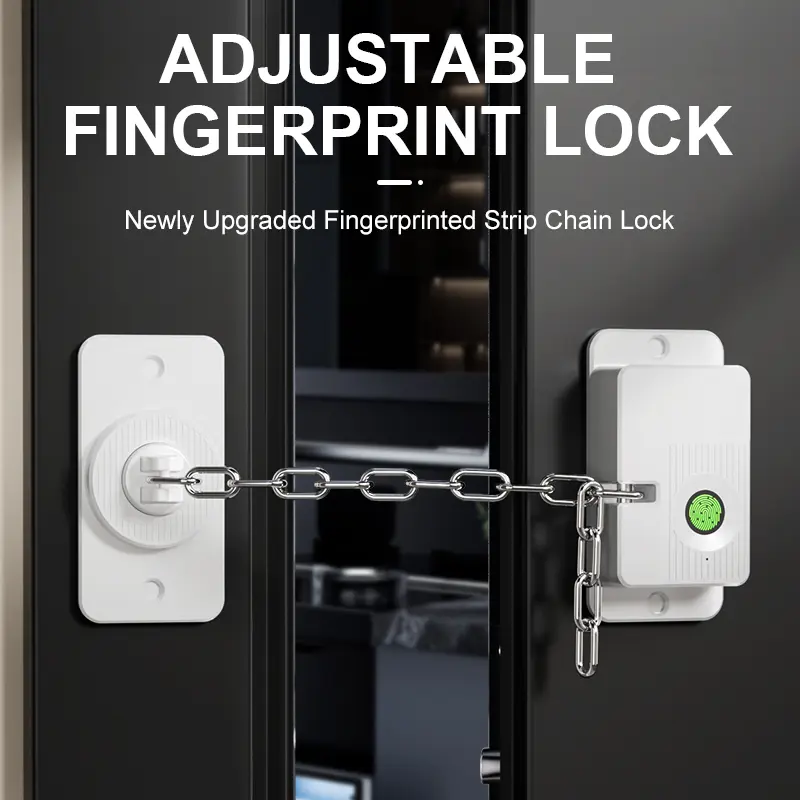 Punch-Free Self Adhesive Fingerprint Security Chain Lock, Adjustable Biometric Latch for Sliding Door, Window, Refrigerator and Storage Cabinets, Easy Install Household Protective Lock to Reduce Unintended Access for Children and Pets