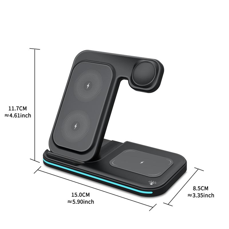 Folding 3-in-1 Wireless Charging Station 15W Fast Charger for IPhone 16-11, IWatch Ultra10-2/SE, AirPods 4-2/Pro, and Qi-compatible phones