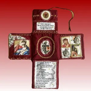 Hand Sewn Catholic Pocket Shrine - Silver Cross and Sacred Artwork, Portable Faith Altar - Handmade Devotional Jewel! (A)