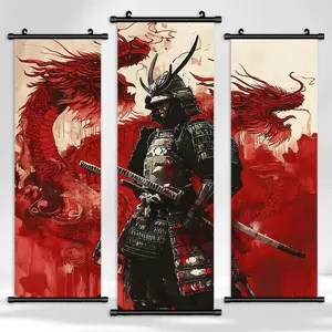 3-Piece Hanging Banner Set, Armored Samurai & Dragon Art Poster, Modern Living Room Decor, Waterproof Wall Art for Hallway, Wall Art Decoration