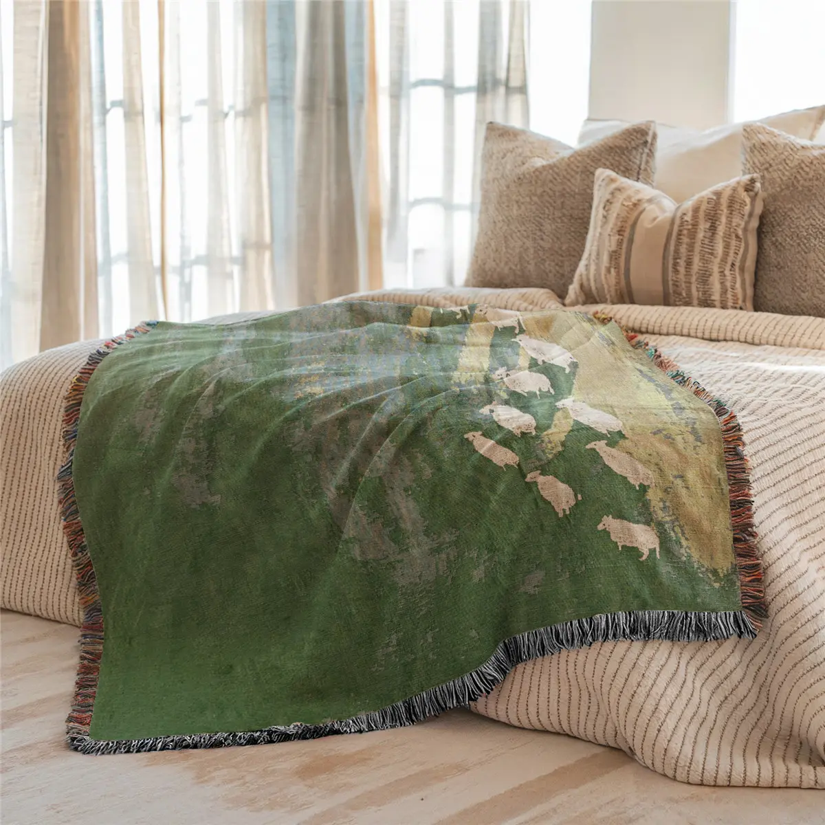 Multi-Function Tassel Woven Blanket - Lamb Pattern Bed Blanket, Decorative Blanket, Boho Blanket, Also for Sofa Cover Couch Throw Armchair Home Decor Tapestry Furniture Slipcover Tablecloth Shawl Outdoor Picnic
