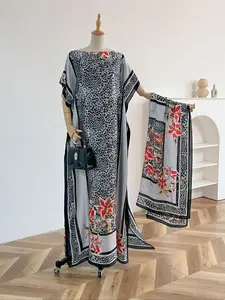 Women's Leopard Print Long Sleeve Kimono & Scarf Set, Elegant Floral Print Open Front Outerwear & Shawl, Ladies Casual Clothes for Beach Vacation