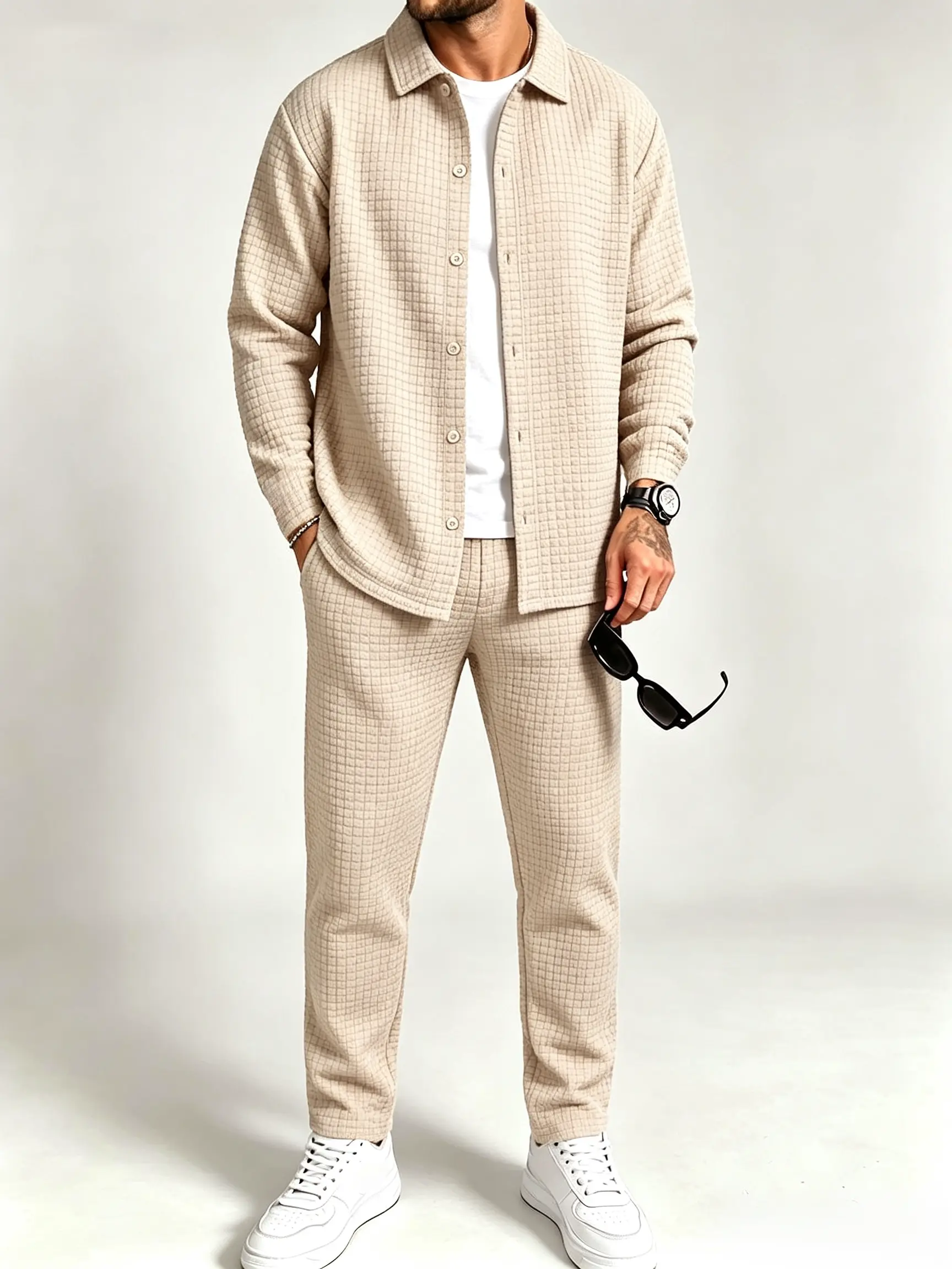 men's 2 piece sets Men's shirt long sleeved top paired with sports pants, solid color, comfortable casual suit