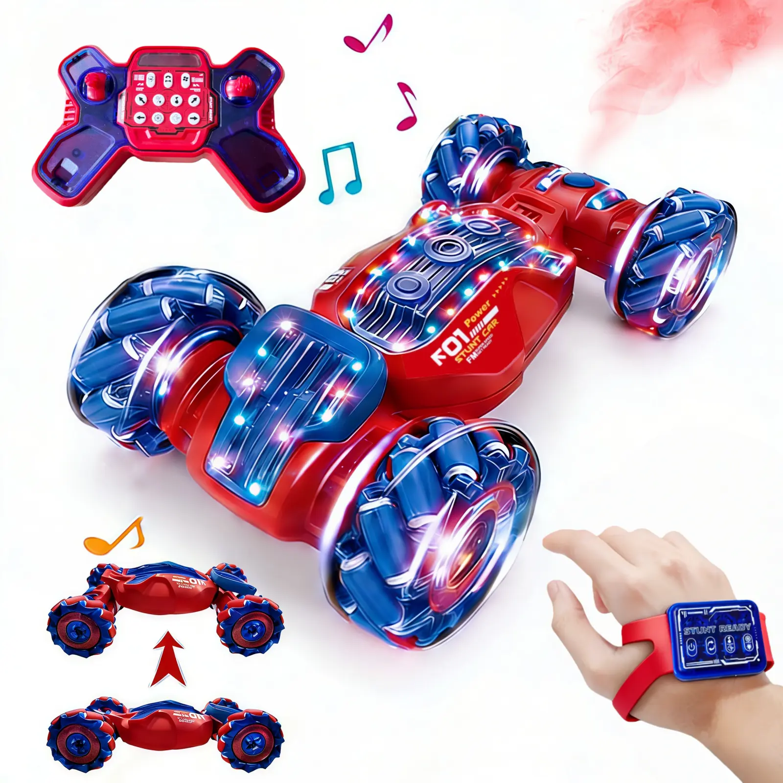 Gesture Sensing Scrolling Light RC Stunt Car, 2.4GHz Hand Controlled Remote Control Toys with Light & Music, Double-Sided Driving for Kids Boys Age 5-12