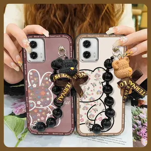 Simplicity cute Phone Case For MOTO G 5G 2023 Dirt-resistant soft case Cartoon Bear bracelet Anti-knock Black pearl pendant Back Cover silicone Skin-friendly feel protective case