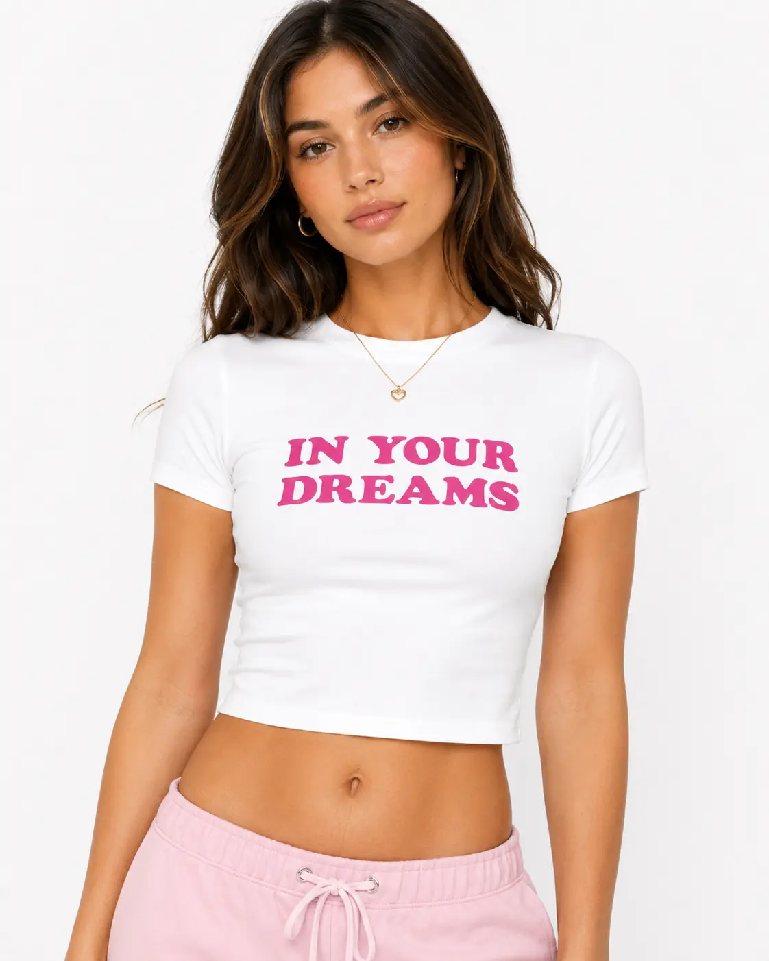 Women’s White Baby Tee In Your Dreams Pink Letter Graphic Crop T Shirt Funny Sarcastic Slogan Fitted Crew Neck Short Sleeve Y2K Summer Casual Going Out Streetwear Top 676