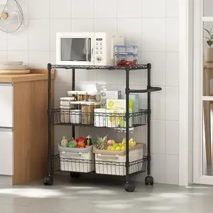 Kitchen Utility Cart, 3 Tier Rolling Cart, Metal Kitchen Cart On Wheels with Baskets, Wire Shelving Storage Cart, Utility Trolley with Handles for Kitchen Bathroom Office Laundry