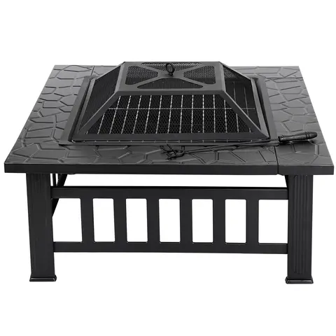 Segawe Square Heavy-Duty Firepit Set - Stainless Steel-Iron Frame, 32/26/22-in & 26.4-in Pyramidal, 31 lbs Wood-Burning/Charcoal Tabletop Fire Pit, Decorative Patio Heater, Food-Safe, Mesh Lid Keeps Sparks In, Mesh Cover, Garden Furniture, BBQ Grill