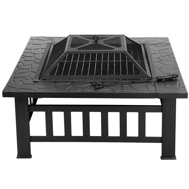 Segawe Square Heavy-Duty Firepit Set - Stainless Steel-Iron Frame, 32/26/22-in & 26.4-in Pyramidal, 31 lbs Wood-Burning/Charcoal Tabletop Fire Pit, Decorative Patio Heater, Food-Safe, Mesh Lid Keeps Sparks In, Mesh Cover, Garden Furniture, BBQ Grill