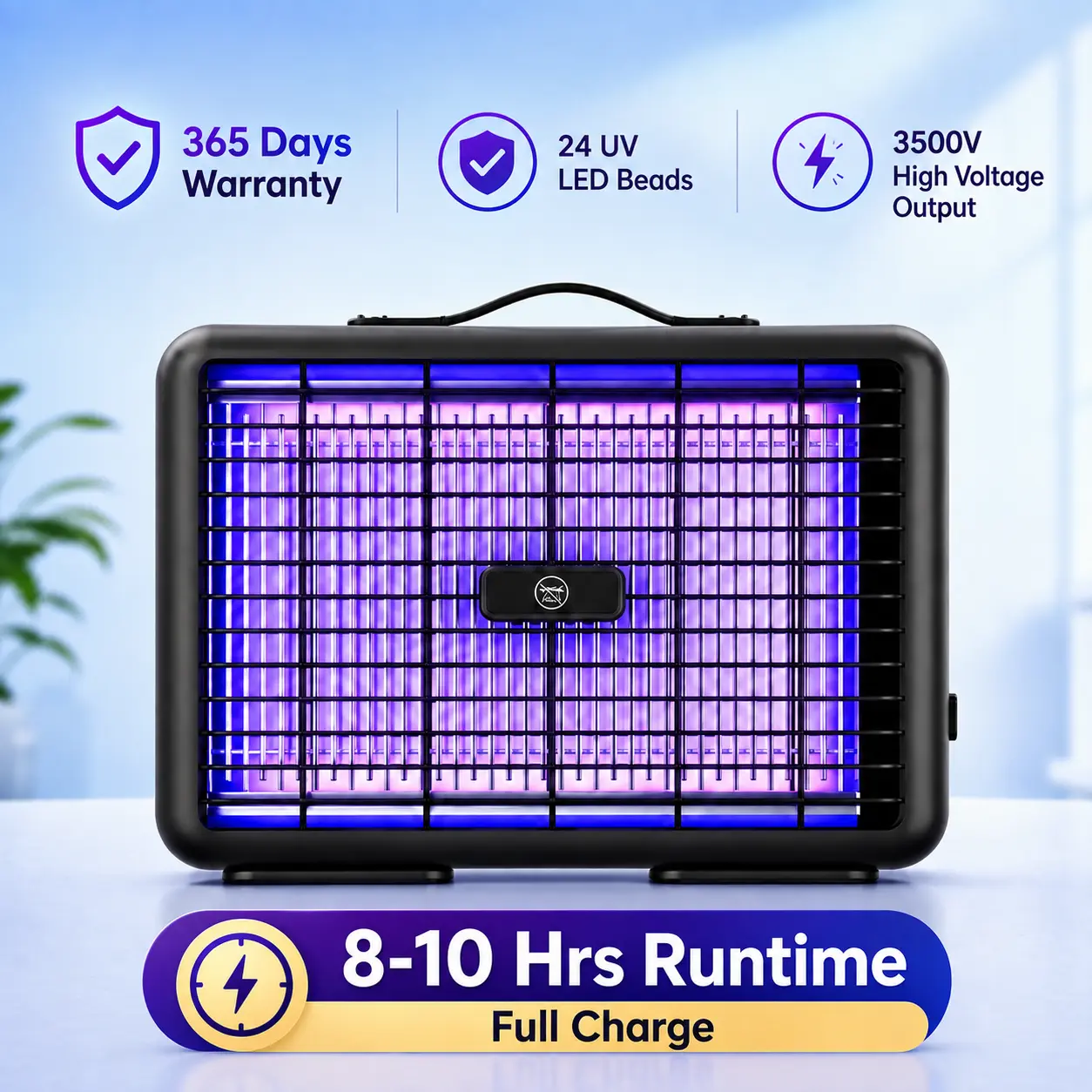 3500V High-Voltage Rechargeable Insect Zapper, Built-in Rechargeable Battery, 100000h Long-Life 3-Band LED Light Guide Plate, 10-Hour Cordless, Indoor/Outdoor Insect Control Trap for Bedroom Backyard, Kills Mosquitoes Gnats Moths