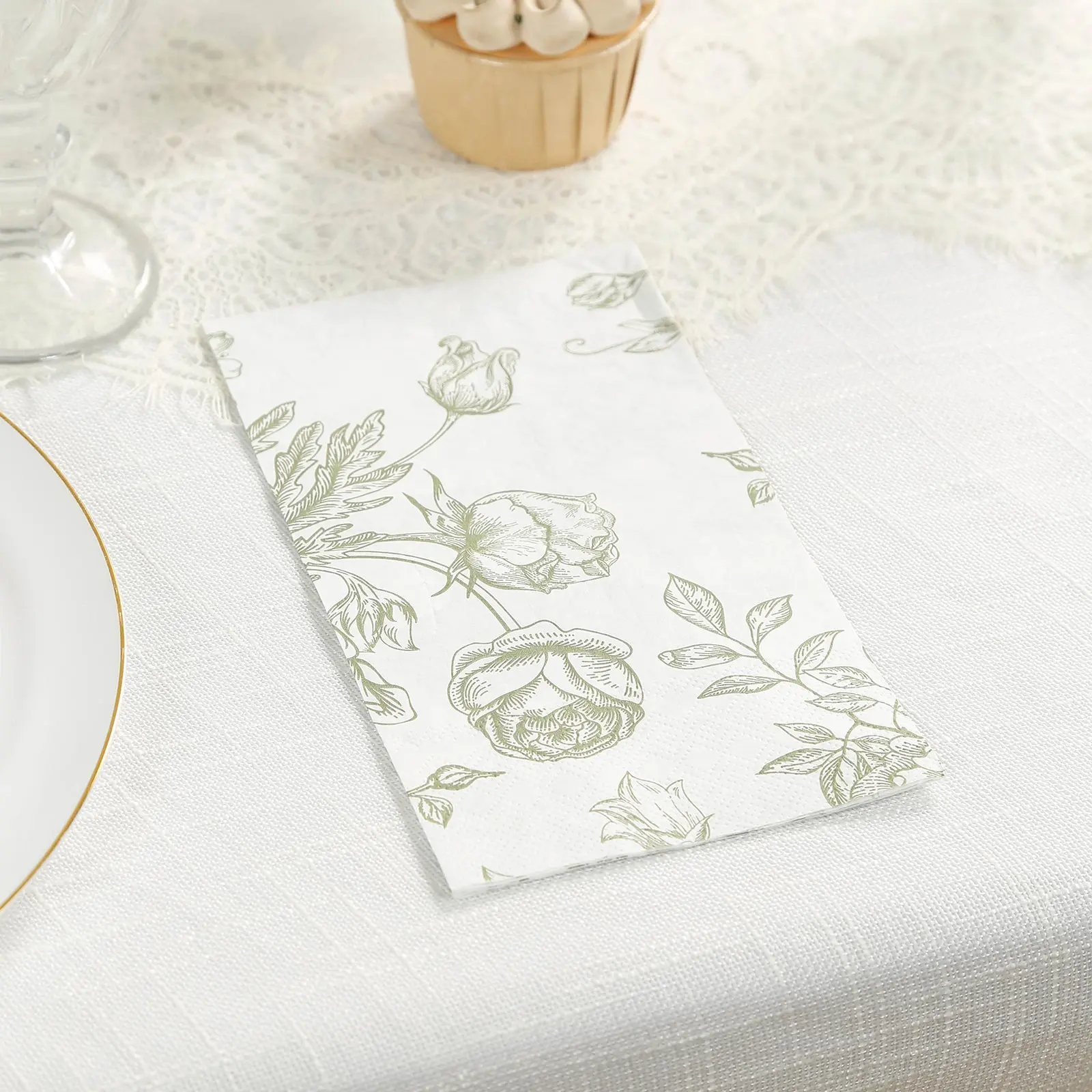 Decorative Paper Napkins Bulk Pack - 50-Pack Disposable 2-Ply White Matte, Sage Green French Toile Floral Print, Soft for Parties, Ideal for Event Planners, Restaurant Tableware, Matte Finish