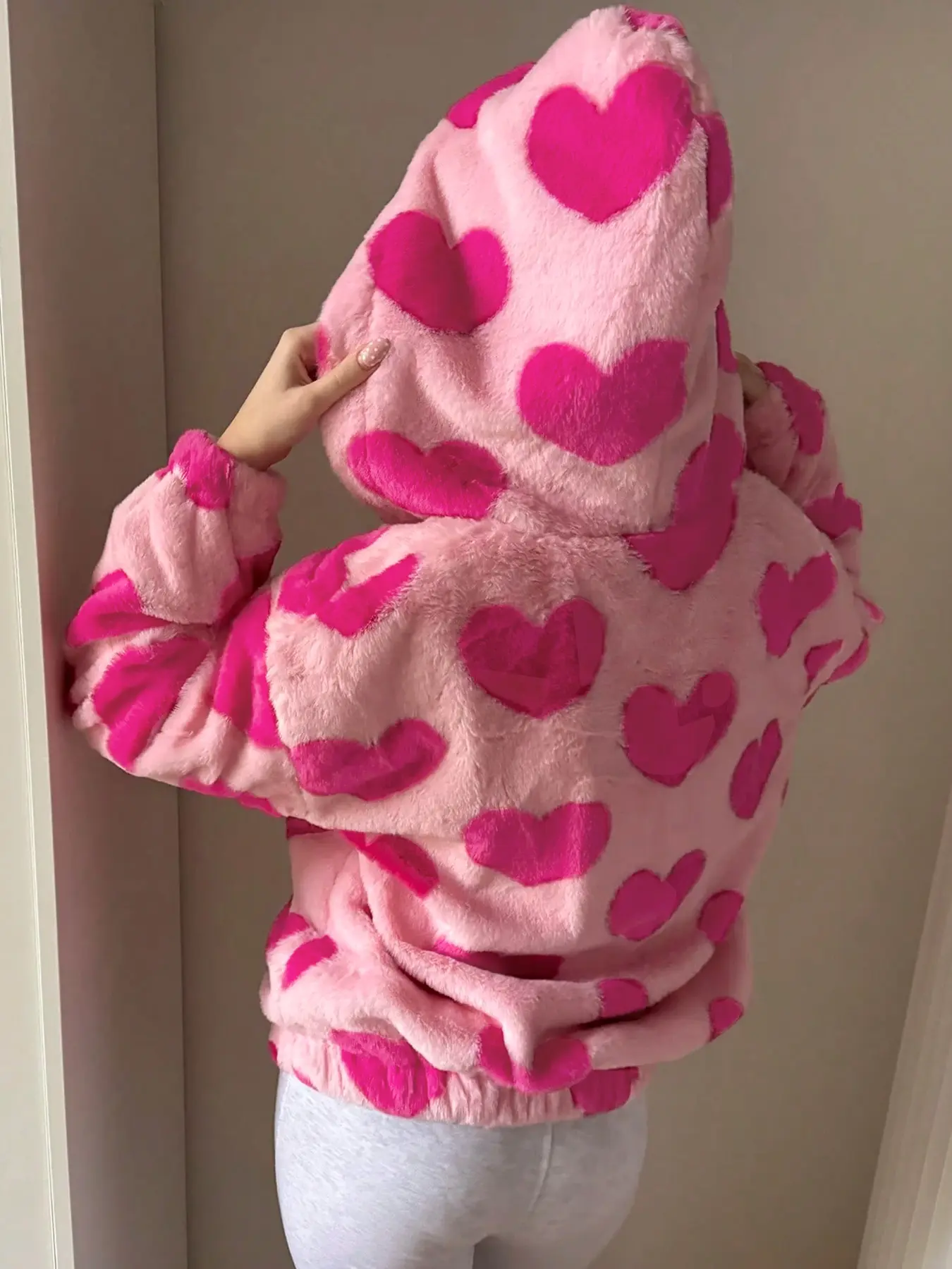 Fashion Casual Fitted Long Sleeve Heart Pattern Hooded Teddy Fleece Jacket, Drop Shoulder Zipper Coat for Fall & Winter, Comfortable Warm Outerwear Womenswear