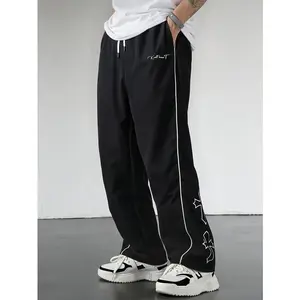 Bestie Men’s Black Athletic Pants with White Side Stripes & Embroidery — Casual Gym Wear, Sweatpants, Tracksuit Sports Bottoms, Athleisure Style Tracksuit Outfit, Sweatpants Set, Drawstring, Straight-Leg Workout Clothes