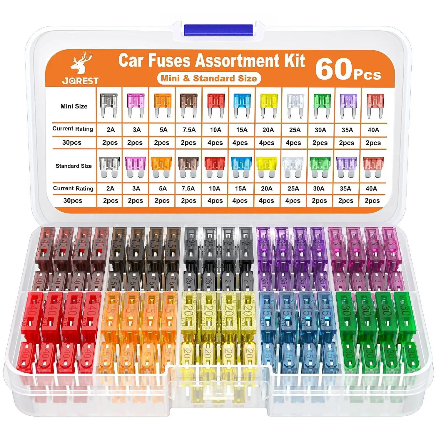 60Pcs Assorted Sizes Blade-Shape Fuses Car Kit - 30 Mini, 30 Standard Auto Units + Puller, Multiple Amps (2A-40A) for Auto Repairs, Cars RV Trucks Circuit Protection
